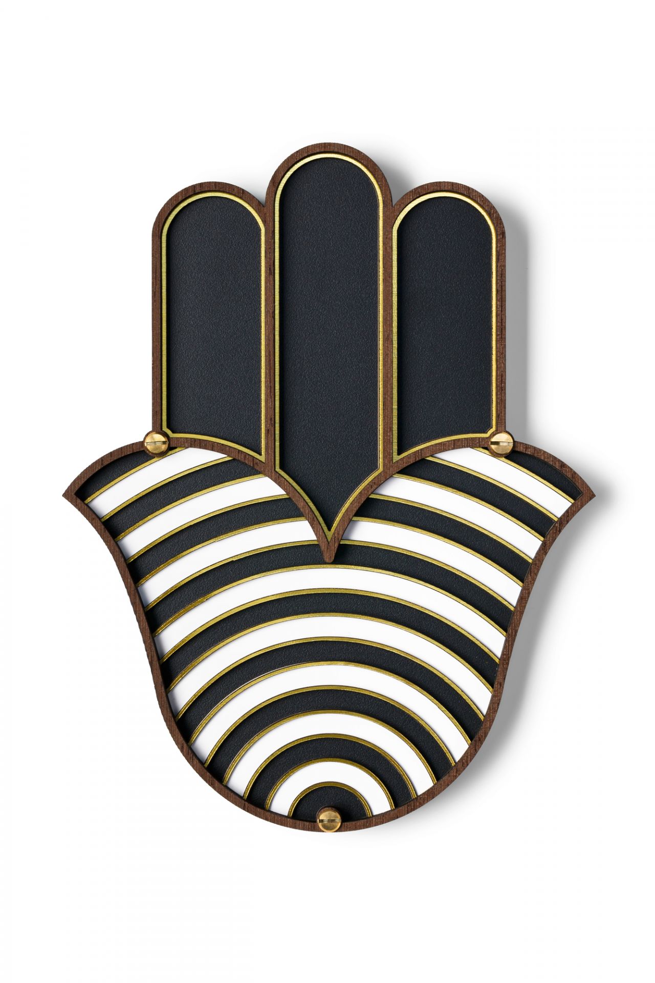 Hamsa Hand Wandschmuck von Umasqu: Dekorative Hand aus Holz mit schwarzen, weißen und goldenen Akzenten.